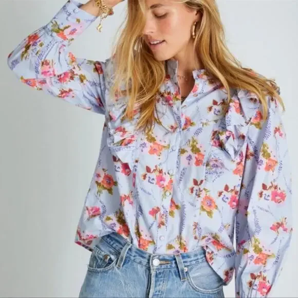 LoveShackFancy Beatrix Womens Floral Long Sleeve Top in Lavender Moon Size Large - Picture 1 of 6